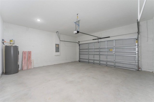 9312 N Akola Way, Citrus Springs, FL 34434 - garage featuring water heater, electric panel, concrete block wall, and a garage door opener