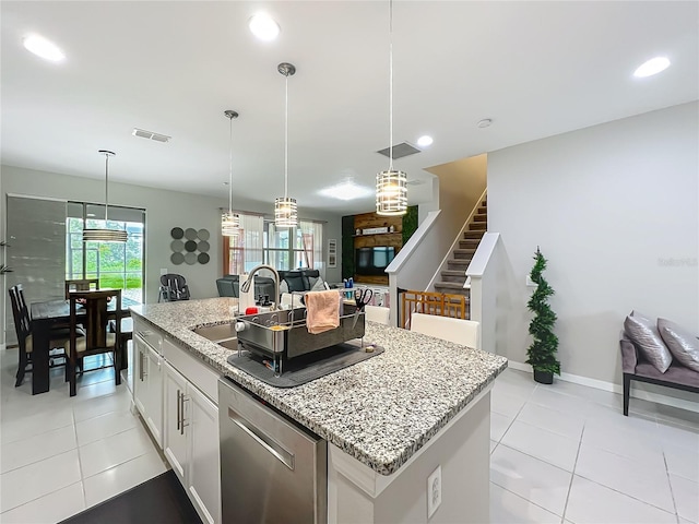 1808 Regal River Cir, Ocoee, FL 34761 - kitchen featuring dishwasher, light tile patterned floors, a center island with sink, pendant lighting, and recessed lighting