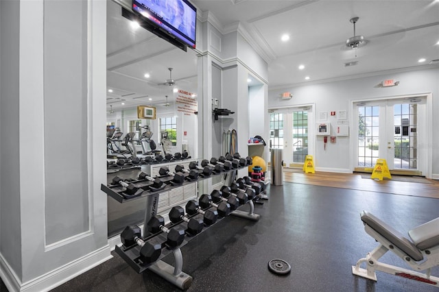 2495 Squaw Crk, Clermont, FL 34711 - workout area featuring french doors, ornamental molding, ceiling fan, and recessed lighting