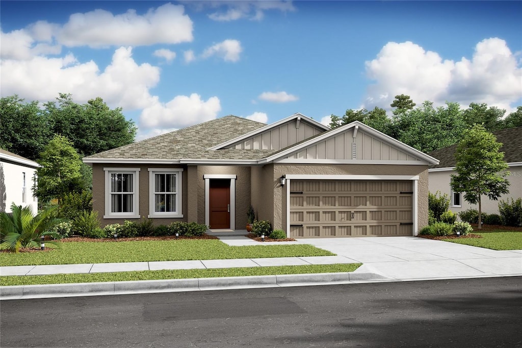 12 Radius Pl, Palm Coast, FL 32164 - view of front facade with a garage, board and batten siding, concrete driveway, and a front yard
