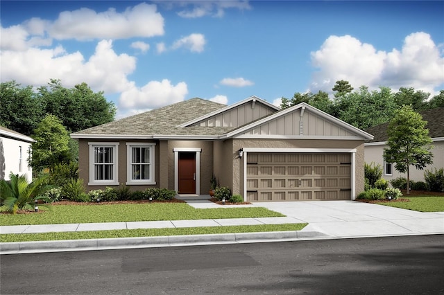 12 Radius Pl, Palm Coast, FL 32164 - view of front facade with a garage, board and batten siding, concrete driveway, and a front yard