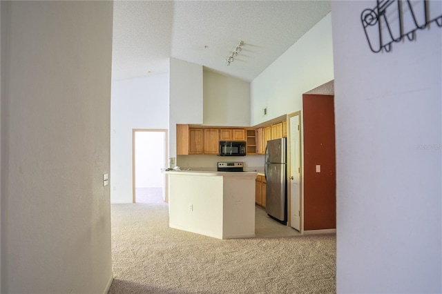 13037 Mulberry Park Dr Unit 5211, Orlando, FL 32821 - kitchen featuring freestanding refrigerator, black microwave, high vaulted ceiling, rail lighting, and light carpet