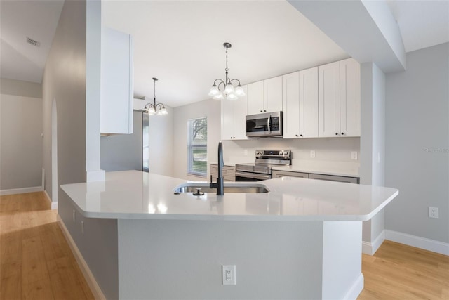 988 Vanderbilt Dr, Eustis, FL 32726 - kitchen with appliances with stainless steel finishes, light wood-type flooring, a chandelier, white cabinets, and a peninsula