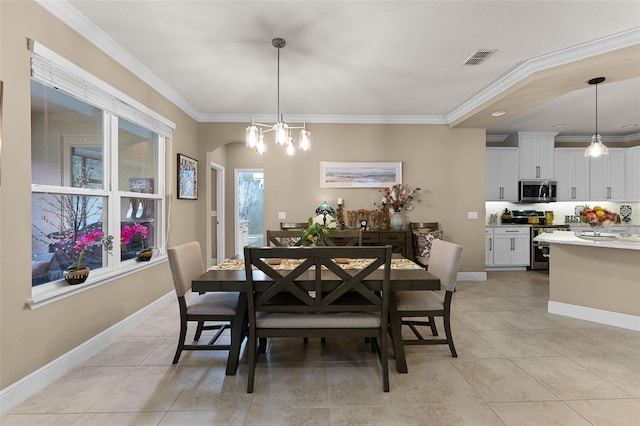 1208 Fieldstone Cir, Oviedo, FL 32765 - dining room featuring light tile patterned flooring, crown molding, arched walkways, and a chandelier