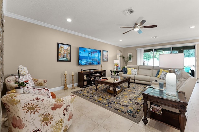 1208 Fieldstone Cir, Oviedo, FL 32765 - living area featuring light tile patterned floors, ceiling fan, crown molding, recessed lighting, and arched walkways