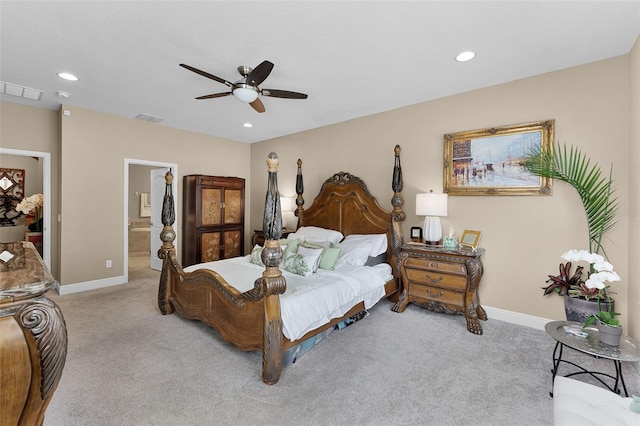 1208 Fieldstone Cir, Oviedo, FL 32765 - bedroom with light carpet, recessed lighting, a ceiling fan, and ensuite bathroom