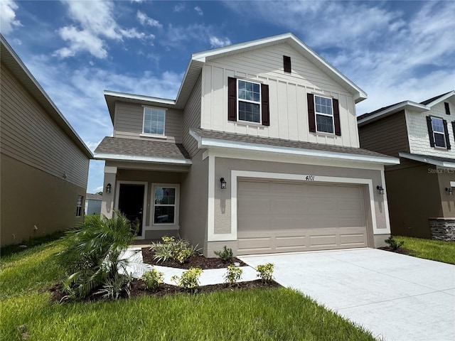 4101 Sagefield Dr, Harmony, FL 34773 - view of front of house featuring driveway, an attached garage, board and batten siding, a shingled roof, and stucco siding