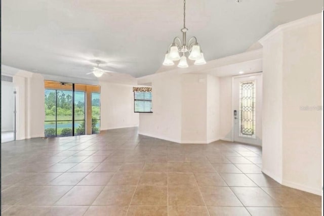20080 Ragazza Cir Unit 102, Venice, FL 34293 - spare room with light tile patterned floors, a chandelier, and ceiling fan