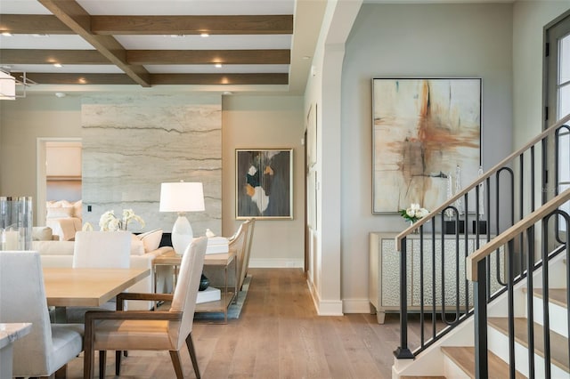 4162 Grande Brick Loop Unit 27, Orlando, FL 32837 - dining area featuring wood finished floors, stairway, recessed lighting, and beamed ceiling