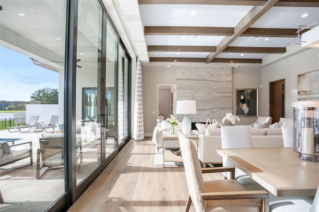 4162 Grande Brick Loop Unit 27, Orlando, FL 32837 - dining space with french doors, wood finished floors, beam ceiling, recessed lighting, and coffered ceiling