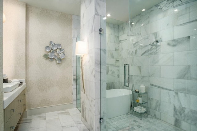 4162 Grande Brick Loop Unit 27, Orlando, FL 32837 - bathroom featuring vanity, a freestanding tub, and a shower stall