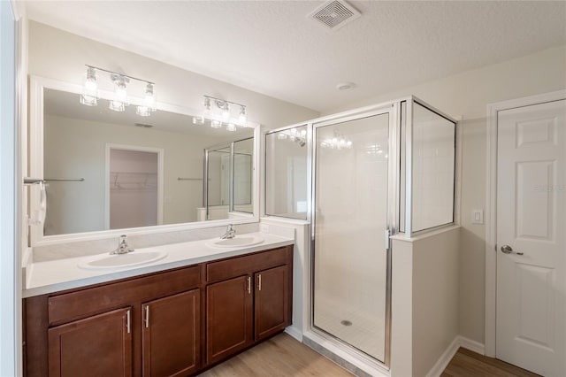 3840 Fescue St, Clermont, FL 34714 - bathroom featuring a shower stall, double vanity, wood finished floors, a spacious closet, and a textured ceiling