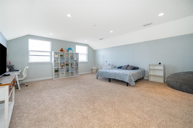 3546 Mediterra Dr, Clermont, FL 34711 - bedroom featuring lofted ceiling, light carpet, an office area, and recessed lighting
