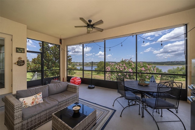 3546 Mediterra Dr, Clermont, FL 34711 - sunroom / solarium with a water view, ceiling fan, and an outdoor hangout area