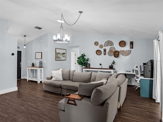 15718 Carriage Hill Ct, Clermont, FL 34711 - living room featuring vaulted ceiling, dark wood-type flooring, and a chandelier