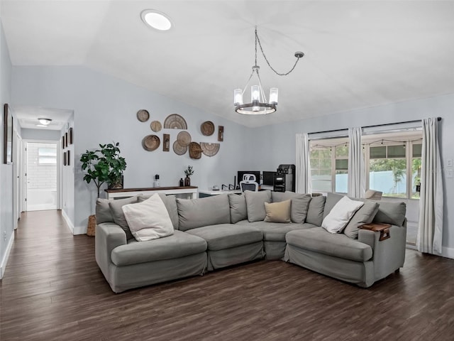 15718 Carriage Hill Ct, Clermont, FL 34711 - living area featuring lofted ceiling, dark wood-style floors, and a chandelier