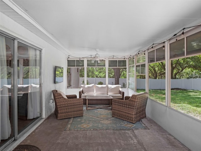 15718 Carriage Hill Ct, Clermont, FL 34711 - sunroom featuring an outdoor hangout area, a ceiling fan, and healthy amount of natural light