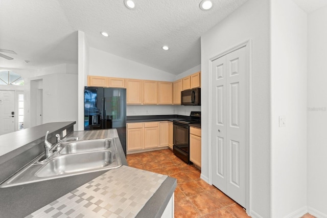 11341 Autumn Wind Loop, Clermont, FL 34711 - kitchen featuring black appliances, light brown cabinets, a textured ceiling, lofted ceiling, and recessed lighting