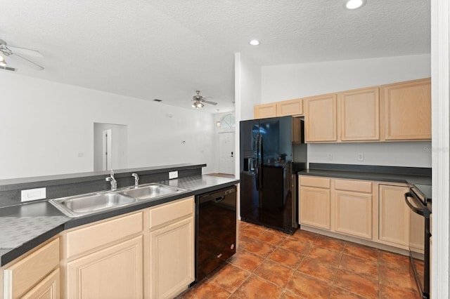 11341 Autumn Wind Loop, Clermont, FL 34711 - kitchen featuring black appliances, a ceiling fan, light brown cabinets, dark countertops, and a textured ceiling