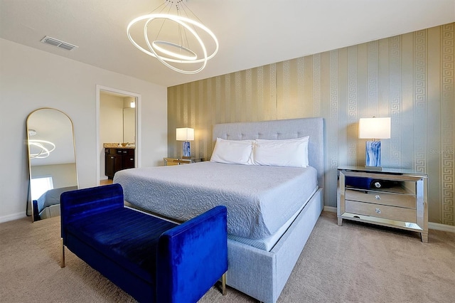 927 Paradise Dr, Davenport, FL 33897 - bedroom with carpet flooring, a chandelier, and connected bathroom