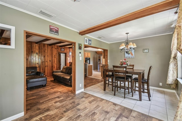 1108 W Minnehaha Ave, Clermont, FL 34711 - dining space with crown molding, wood finished floors, a chandelier, beam ceiling, and wood walls