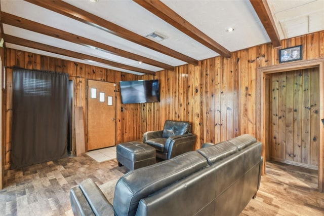 1108 W Minnehaha Ave, Clermont, FL 34711 - living area with beam ceiling, light wood-style flooring, and wood walls