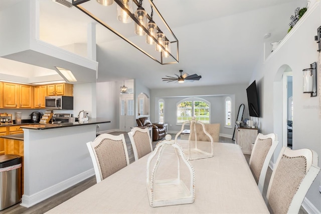 198 Porto Velho St, Punta Gorda, FL 33983 - dining space with arched walkways, wood finished floors, lofted ceiling, and a ceiling fan