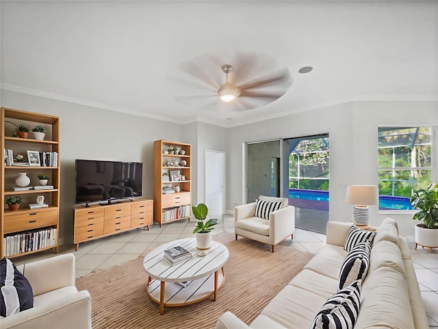4615 River Overlook Dr, Valrico, FL 33596 - living room featuring light tile patterned floors, ornamental molding, and ceiling fan