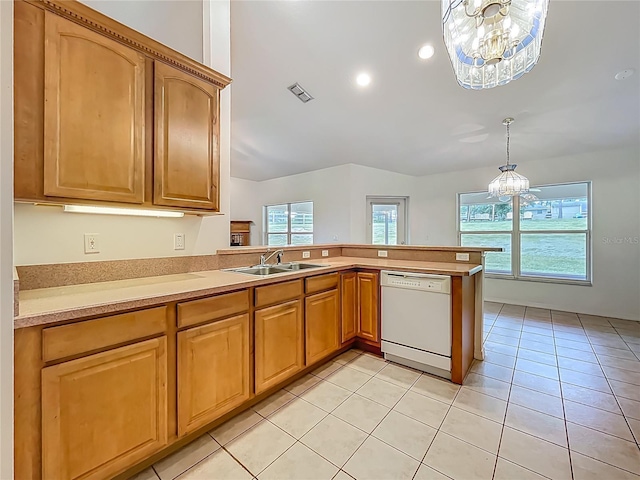 16634 Pine Timber Ave, Montverde, FL 34756 - kitchen with dishwasher, a chandelier, light countertops, light tile patterned flooring, and a peninsula