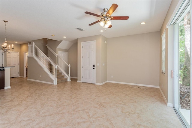 5072 Cypress Branch Pt, Oviedo, FL 32765 - unfurnished living room with a chandelier, recessed lighting, ceiling fan, stairs, and light tile patterned floors