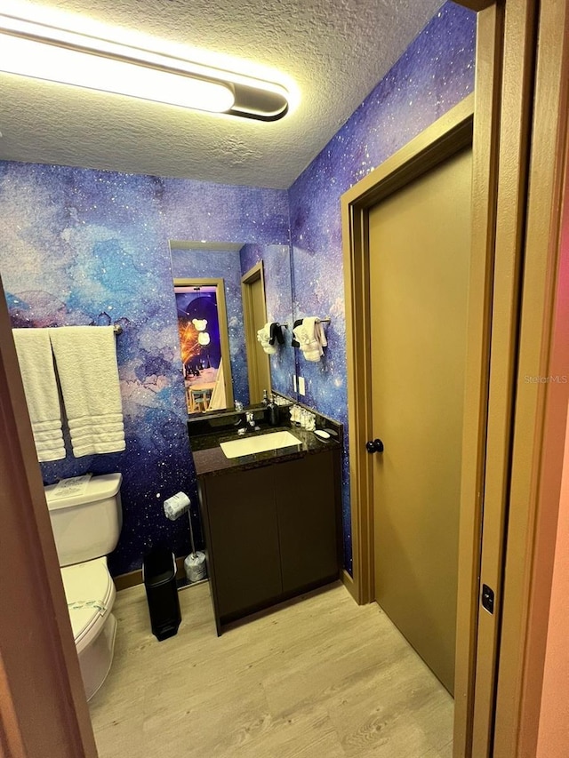 3292 Tranquil Trl, Kissimmee, FL 34747 - bathroom featuring wood finished floors, a textured ceiling, vanity, and wallpapered walls