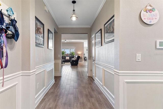 8998 Croquet Ct, Champions Gate, FL 33896 - corridor featuring dark wood-style floors, ornamental molding, and a wainscoted wall