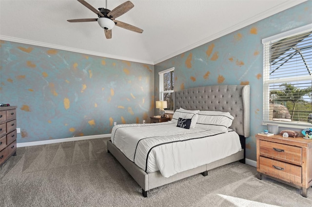 8998 Croquet Ct, Champions Gate, FL 33896 - bedroom featuring carpet flooring, multiple windows, ornamental molding, wallpapered walls, and ceiling fan