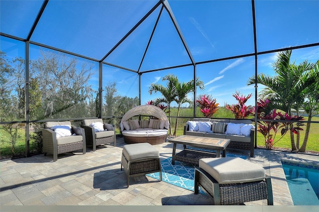 8998 Croquet Ct, Champions Gate, FL 33896 - view of patio with outdoor lounge area, glass enclosure, and an outdoor pool