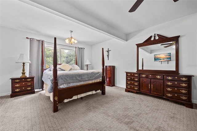 12404 SW 31st Ave, Archer, FL 32618 - bedroom featuring carpet, a chandelier, beamed ceiling, and ceiling fan
