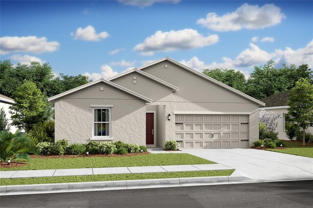 8257 W Eldron Pl, Dunnellon, FL 34434 - view of front of house with a garage, stucco siding, concrete driveway, and a front lawn