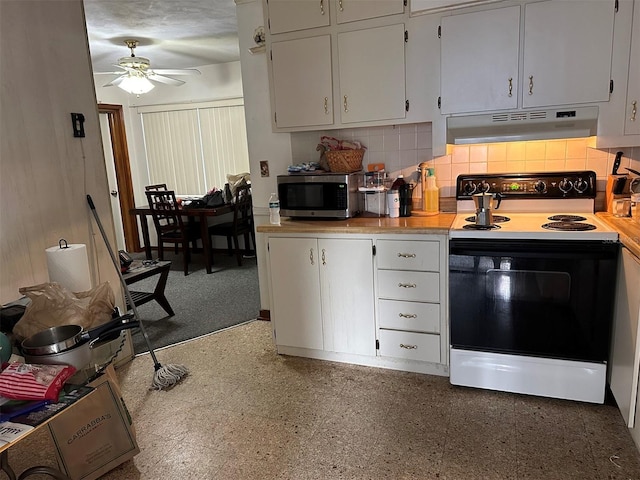 511 Pilaklakaha Ave, Auburndale, FL 33823 - kitchen featuring electric range, stainless steel microwave, under cabinet range hood, light countertops, and a ceiling fan