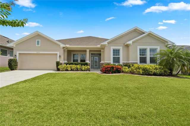 16415 Good Hearth Blvd, Clermont, FL 34711 - view of front of home featuring stucco siding, a front lawn, and driveway
