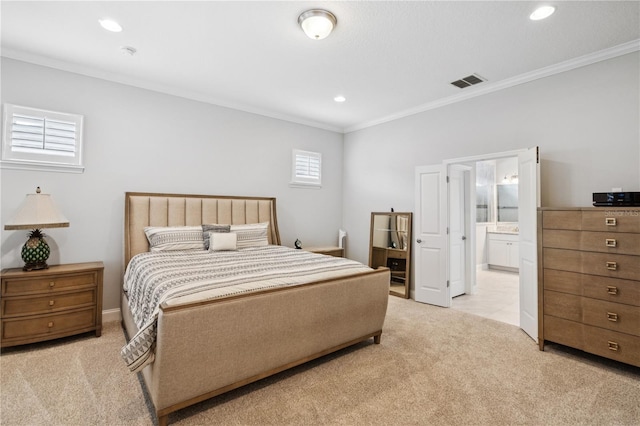 16415 Good Hearth Blvd, Clermont, FL 34711 - bedroom with light colored carpet, crown molding, recessed lighting, and ensuite bath