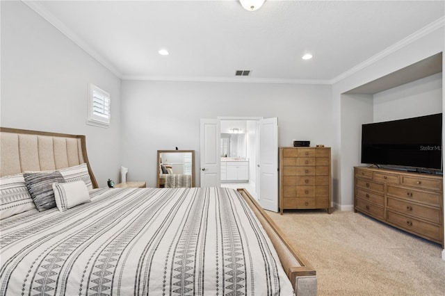 16415 Good Hearth Blvd, Clermont, FL 34711 - bedroom with light carpet, crown molding, recessed lighting, and connected bathroom