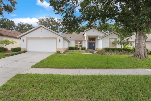 6029 Falconbridge Pl, Mount Dora, FL 32757 - view of front facade with stucco siding, an attached garage, a front lawn, and concrete driveway
