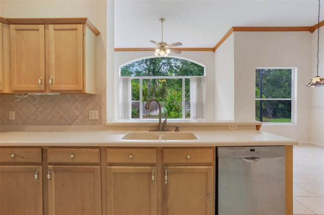 6029 Falconbridge Pl, Mount Dora, FL 32757 - kitchen with dishwasher, light tile patterned floors, tasteful backsplash, light countertops, and ceiling fan