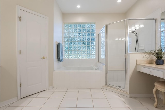 6029 Falconbridge Pl, Mount Dora, FL 32757 - full bath featuring a bath, a shower stall, tile patterned floors, and recessed lighting