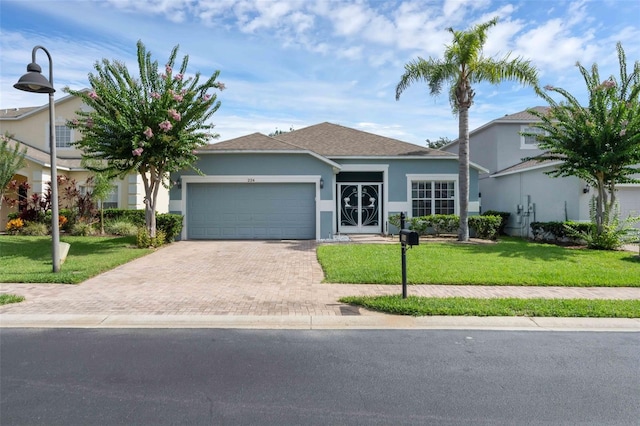 224 Highgate Park Blvd, Davenport, FL 33897 - ranch-style house with stucco siding, decorative driveway, an attached garage, a front yard, and a shingled roof