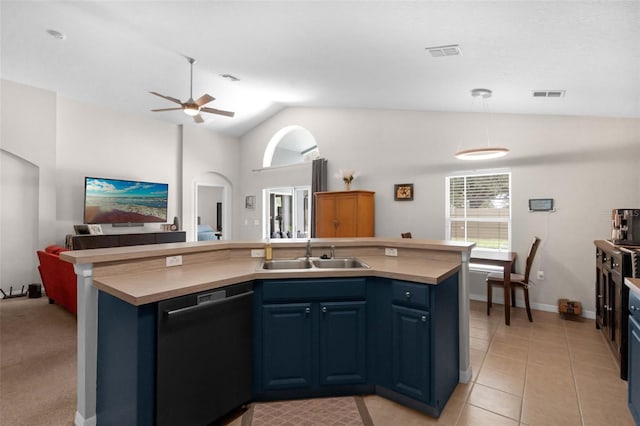 224 Highgate Park Blvd, Davenport, FL 33897 - kitchen featuring dishwasher, open floor plan, blue cabinetry, vaulted ceiling, and ceiling fan
