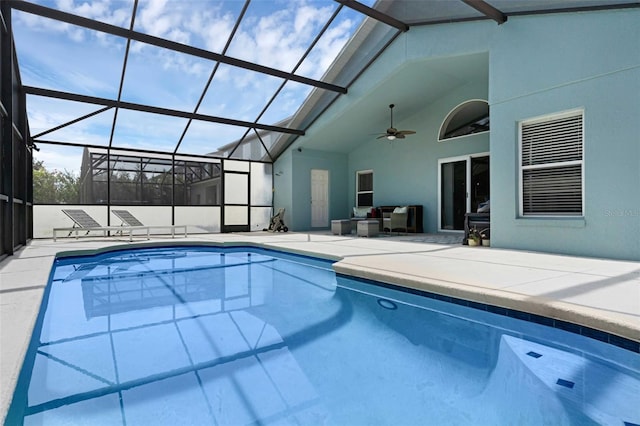 224 Highgate Park Blvd, Davenport, FL 33897 - outdoor pool featuring a patio, a ceiling fan, and glass enclosure