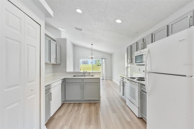 313 Cheshire Way, Davenport, FL 33897 - kitchen featuring white appliances, a textured ceiling, gray cabinets, vaulted ceiling, and a peninsula