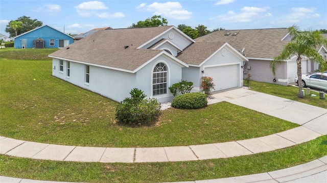 313 Cheshire Way, Davenport, FL 33897 - ranch-style home featuring a shingled roof, stucco siding, a garage, a front yard, and concrete driveway