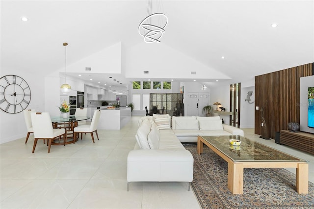 7905 Chad Ct, Orlando, FL 32835 - living area with high vaulted ceiling, recessed lighting, and light tile patterned floors
