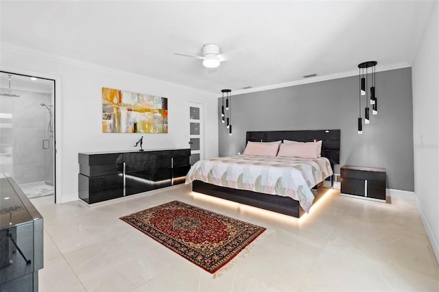 7905 Chad Ct, Orlando, FL 32835 - tiled bedroom with crown molding, a ceiling fan, and connected bathroom